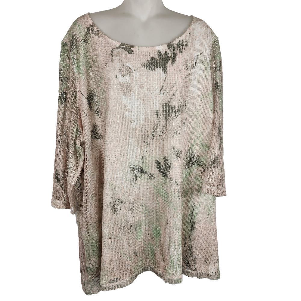 Catherines Women Mesh Overlay Top Leaf Abstract Print 3X Sequin 3/4 Sheer Sleeve